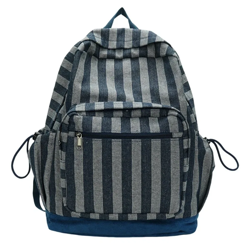 sac à dos à rayures grises de style coréen, multi-poches, bretelles réglables, impression d'étoiles, léger pour les déplacements