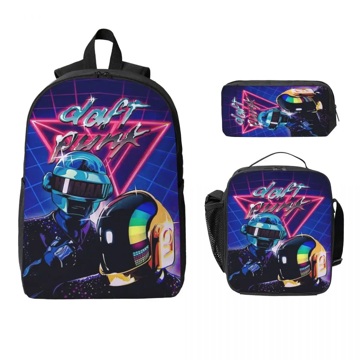 sac dos polyester oxford université motif dessin animé daft punk néon bleu nuit trousse sacs assortis poches latérales fermeture glissière