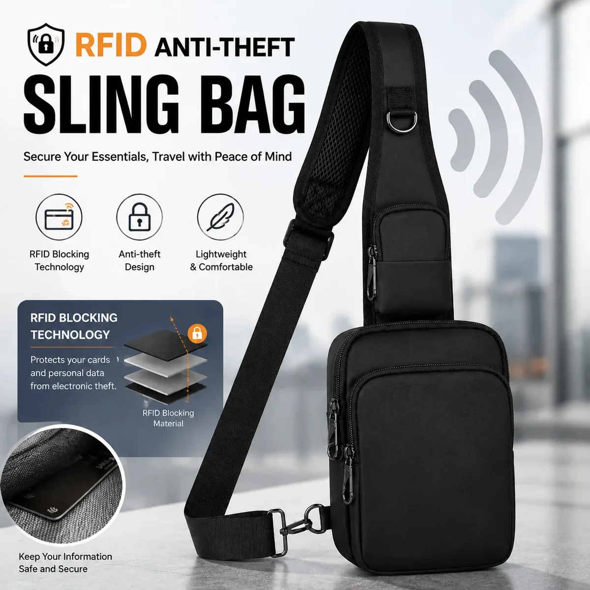 sac à bandoulière décontracté et tendance anti-rfid pour hommes, sac de poitrine sportif urbain, sac à épaule simple et léger pour les trajets quotidiens