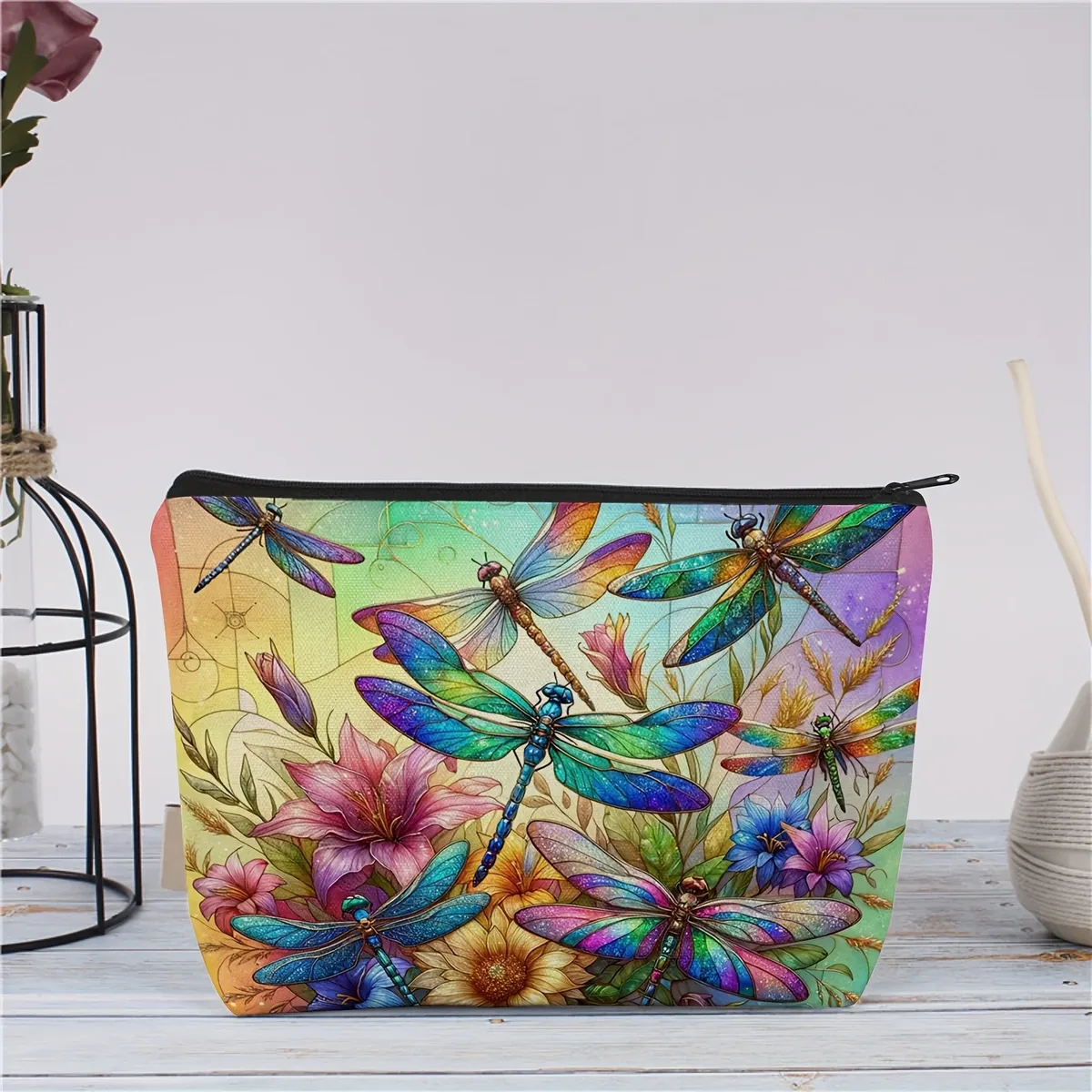 trousse de maquillage libellule colorée | pochette cosmétique hypoallergénique avec motif floral et insectes, organisateur adapté aux voyages