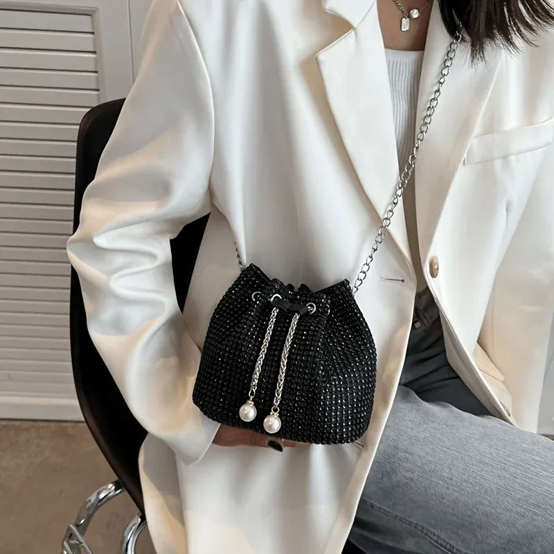 sac à bandoulière à cordon orné de strass scintillants, sac à main seau multifonctionnel, sac à main formel pour les déplacements quotidiens des femmes