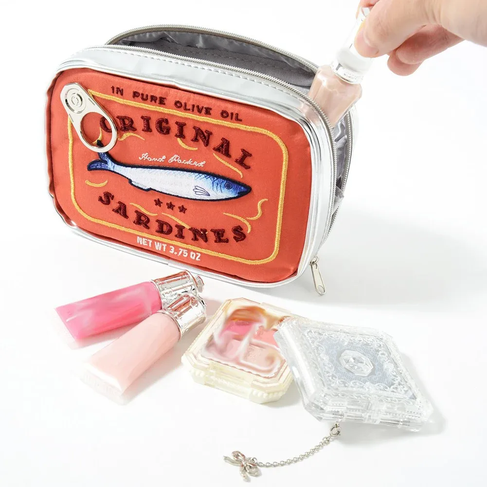 trousse de toilette mignonne portable pour femme, sardines en conserve, sac cosmétique de voyage, multifonction, mode créative, fermeture éclair, week-end, vacances
