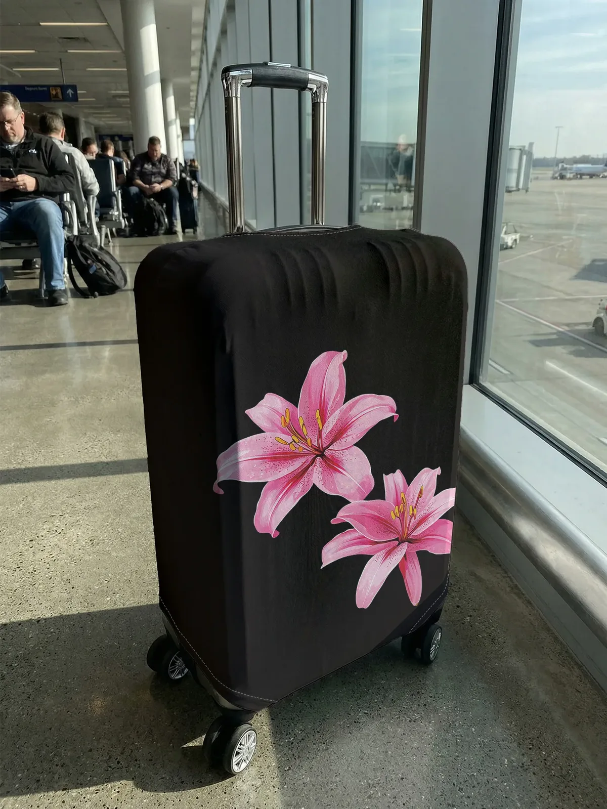 housse de bagage à motif de fleurs de lys roses sur fond noir, adaptée aux bagages de 18 à 32 pouces, protège-poignée de bagage, accessoires de voyage