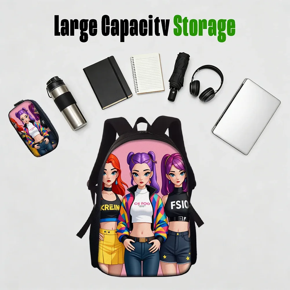 sac dos polyester dessin animes personnages stylisés fonds rose noirs accents couleurs vivantes transport journalier