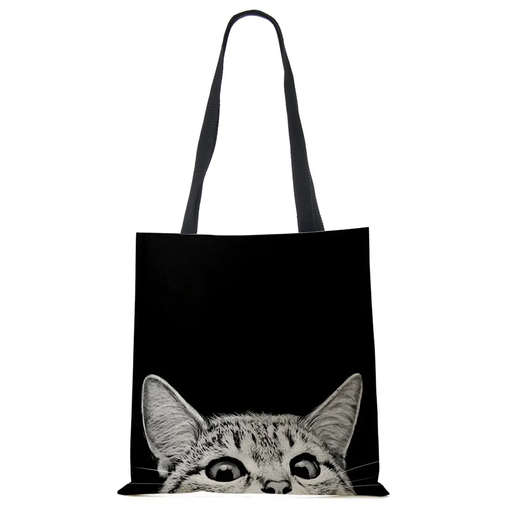 sacs fourre-tout de styliste pour femmes, sac à main écologique en tissu de lin imprimé chat noir sumi, sac à bandoulière réutilisable pour le bureau et le shopping