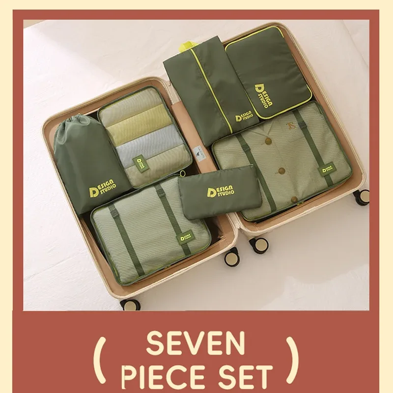 organisateur voyage polyester vert olive jaune accents motif bande poignée résistant tissu épais multifonctionnel sac compression chaussures housse vetements