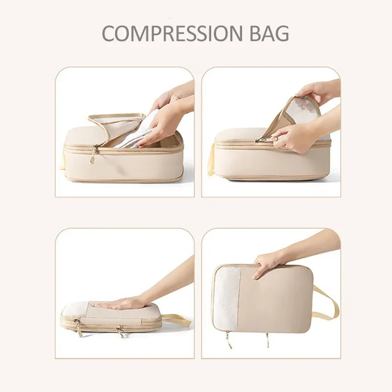 organisateur voyage polyester beige compression cube sac rangement vêtements transport simple élégant imperméable antipli