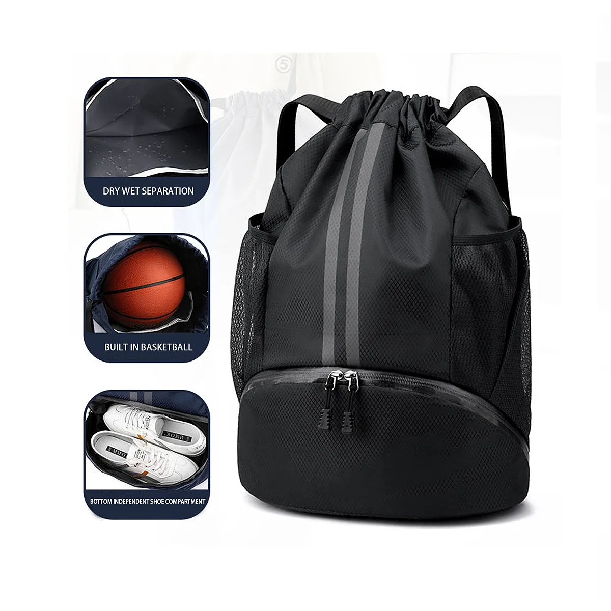 sac de basketball, sac de natation, sac de rangement pour femmes avec compartiment séparé pour vêtements secs et humides, sac à dos de sport, sac à cordon pour l'entraînement et le fitness