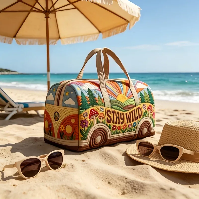 sac de voyage matelassé 3d style hippie, sac de voyage van « stay wild », sac de week-end style bohème pour voyage, gym, shopping
