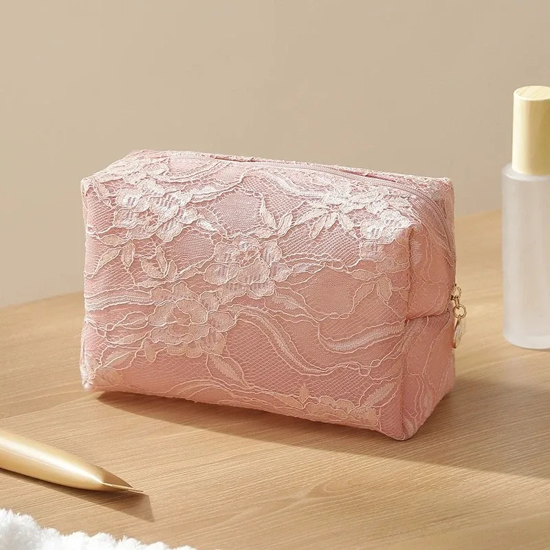 trousse de maquillage en maille de dentelle pour femmes, sac de rangement de cosmétiques et de bijoux de grande capacité, trousse de toilette carrée portable à fermeture éclair