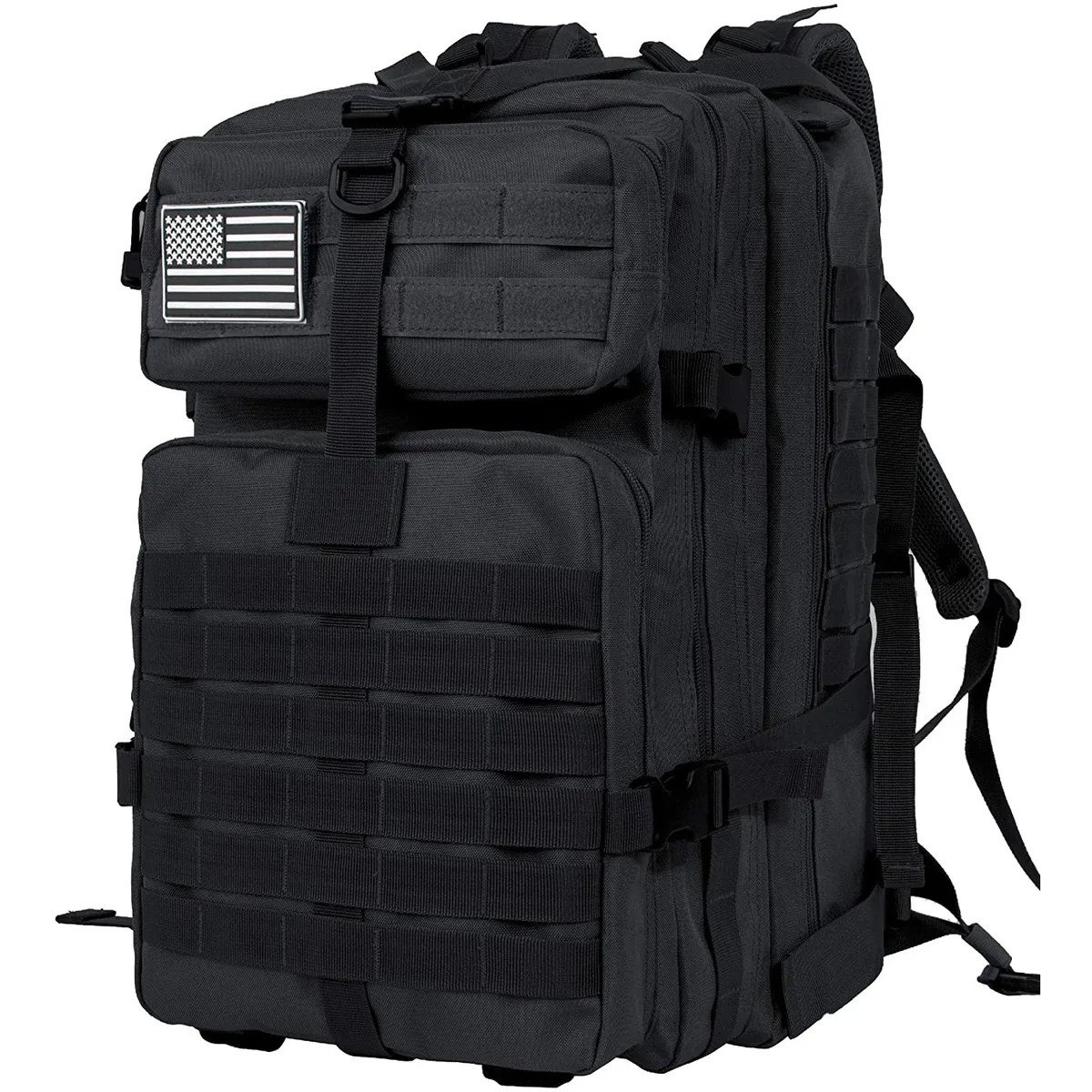 Sac Dos Polyester Noir Bandes Horizontales Poche Latérale Patch Américain Survie Plein Air Trekkings Capacité 36 55 Litres