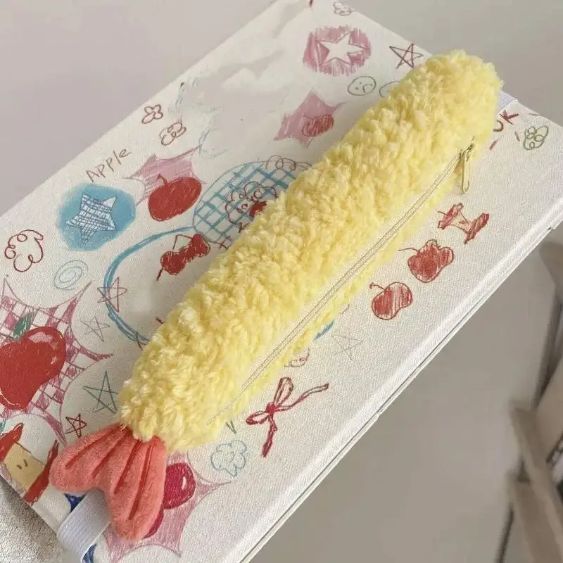 1 pièce, trousse à stylos super mignonne en forme de queue de crevette frite, organisateur de papeterie portable monocouche avec doublure en polaire de style ins, pour étudiants.