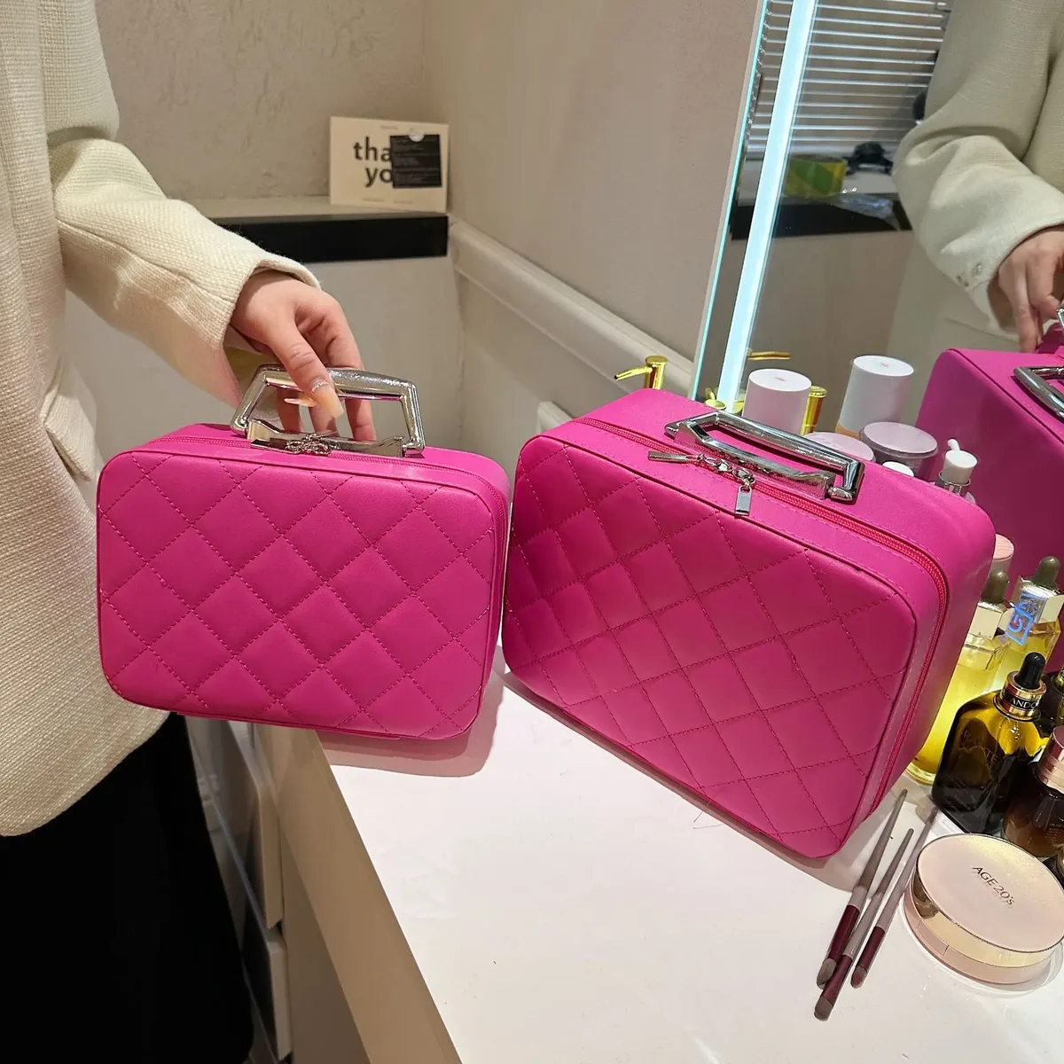 sac à cosmétiques portable en cuir argyle pour femme, multifonction, étanche, rangement de voyage, organisateur, sac à main, miroir, étui de maquillage