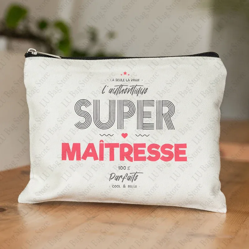 trousse de maquillage pour femmes, thème enseignant, étui à cosmétiques inspiré de maitresse avec motif éducatif de conception de style français, portefeuille pour le travail ou l'école