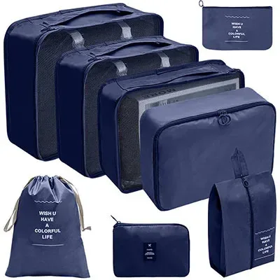 organisateur voyage polyester beige clair tissu imperméable poches maille transparente fermetures glissière poignées intégrées grande taille