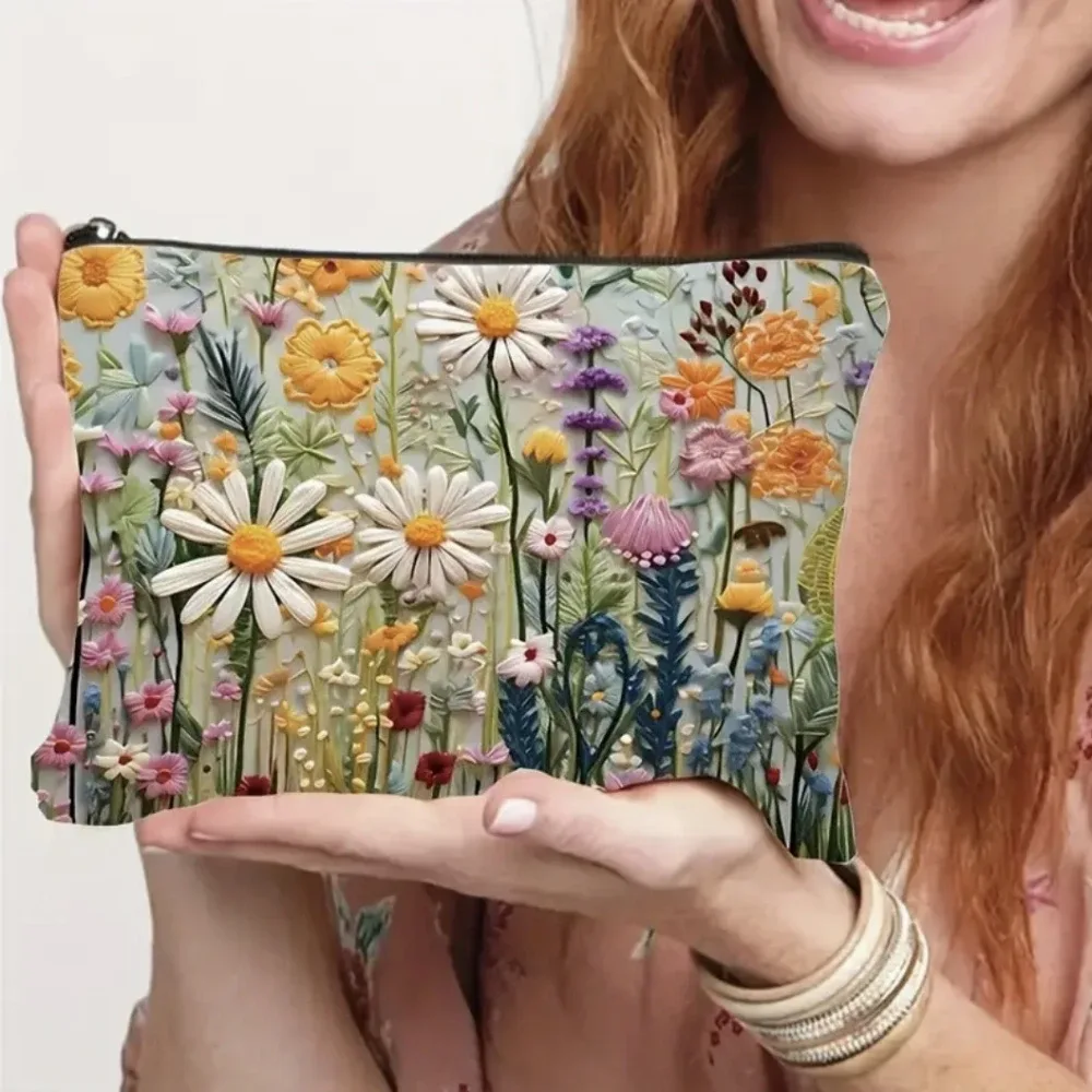 pochette de maquillage imprimée florale double face de grande capacité, organisateur de voyage, sac à main en lin pour femmes, sac de rangement de cosmétiques pour cadeau