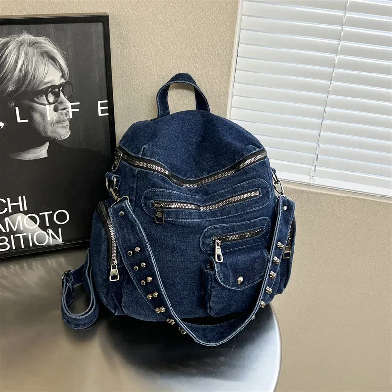 nouveau sac à dos en jean vintage 2026, sac moto multi-poches pour femme, sac à bandoulière au design original, sac d'école décontracté, sac à dos de voyage