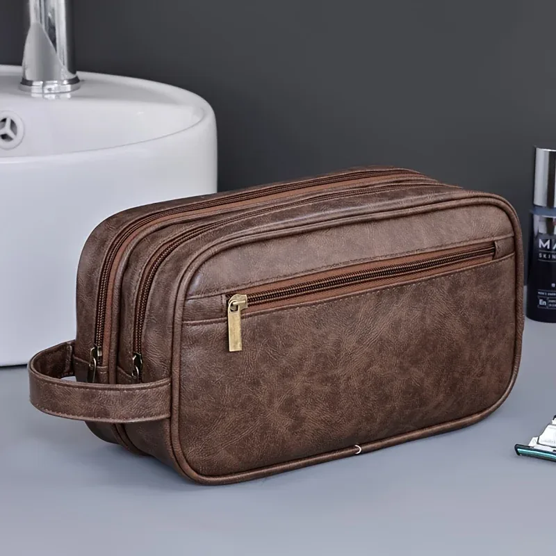 trousse toilette cuir synthétique noir gravure lettre poignée latérale voyage sport affaires sac cosmétiques imperméable