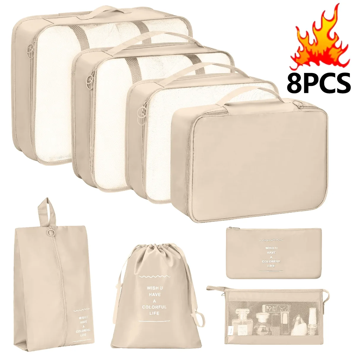 organisateur voyage sacs rangement polyester beige noir chaussures vêtements cube pliant accents double glissières transport usage