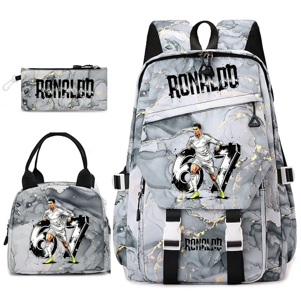 Ensemble de sacs à dos pour étudiants avec imprimé Cr7 Ronaldo 67, avec sac à lunch et trousse à crayons, sac à dos de voyage pour adolescentes