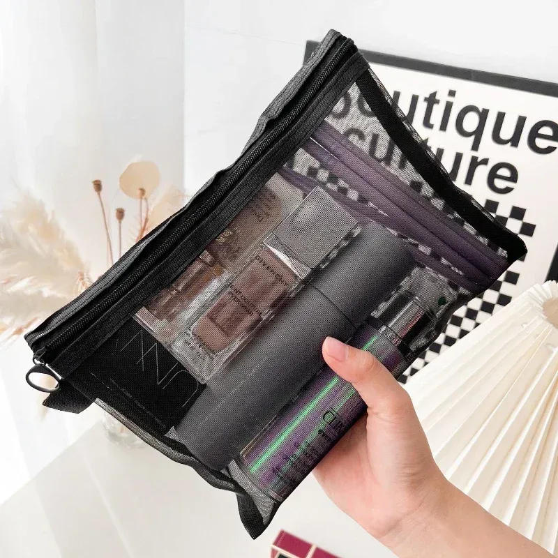 sacs cosmétiques en maille transparente, petits et grands, noirs, portables, pour voyage, organiseur de toilette, pochette de rangement pour rouge à lèvres, 1/3 pièces