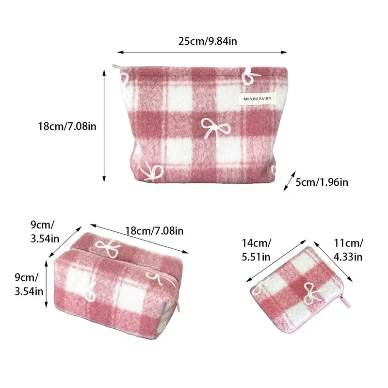 sac de maquillage à carreaux doux pour la saint-valentin, nouvel an, organisateur d'arc en tweed, trousse de toilette de grande capacité, pochette de transport à main portable