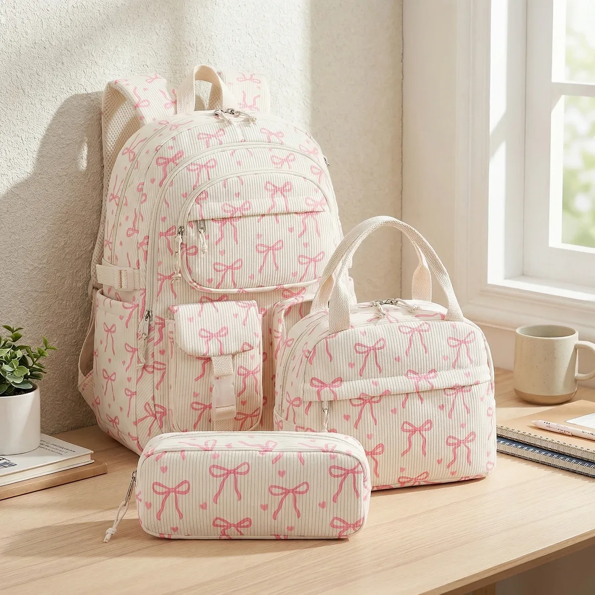 sac à dos en velours côtelé avec nœud mignon pour femme, sac à dos multi-poches avec sac à lunch et trousse à crayons, grande capacité, sac à dos de voyage décontracté