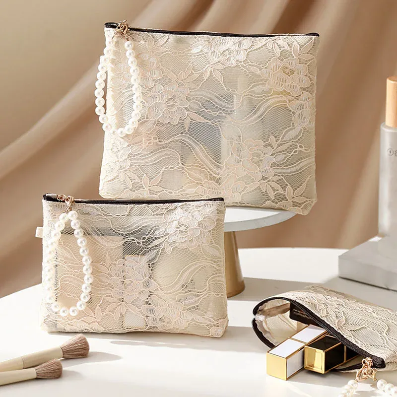 pochette à cosmétiques douce avec chaîne de perles d'imitation pour femmes, petit sac de maquillage en dentelle, organisateur de voyage, sac à main pour pièces de monnaie cosmétiques