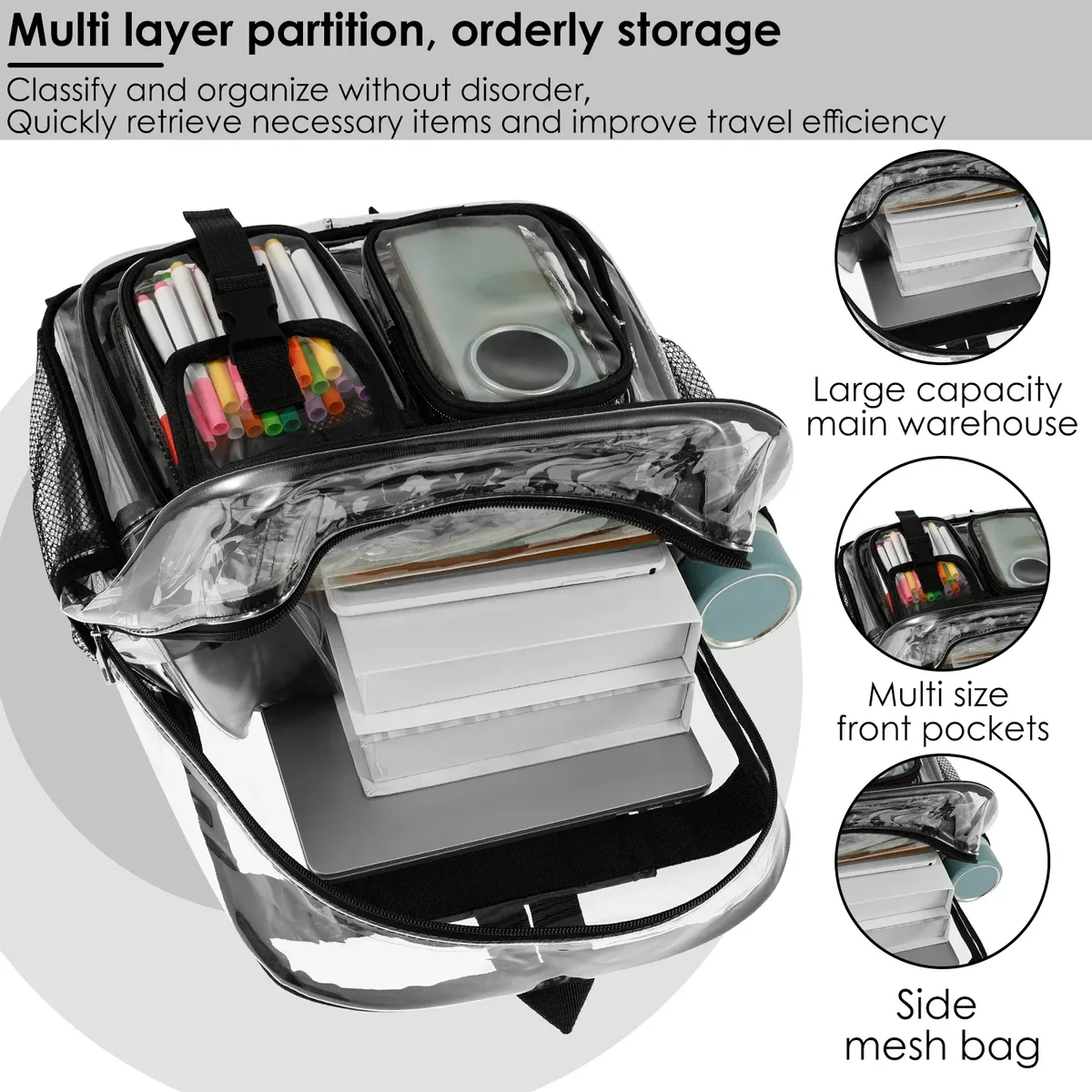 sac à dos transparent en pvc multi-poches, avec bretelles élargies, grande capacité, sac à dos de sport tendance pour étudiants