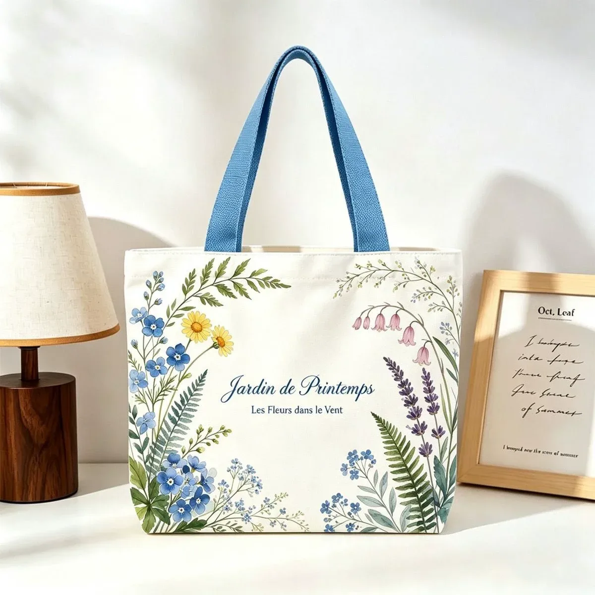 sac fourre-tout en toile à motif floral de jardin printanier français, sac à main botanique à fleurs sauvages, sac à main portable pour le shopping quotidien et le travail pour femmes