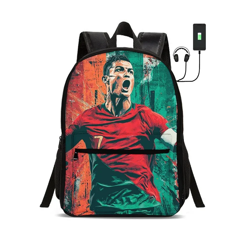 sac à dos de star du football avec interface usb, sac à dos ronaldo pour étudiants, sac à dos pour garçons et filles, meilleur cadeau