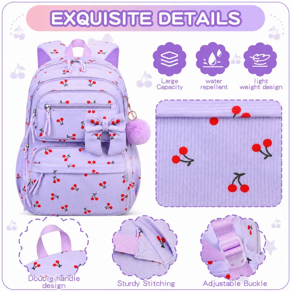 sac dos nylon dessin animé violet cerises rouges sac lunch boîte crayons poignees pompons compartiment isolant visibilite sécurité enfants
