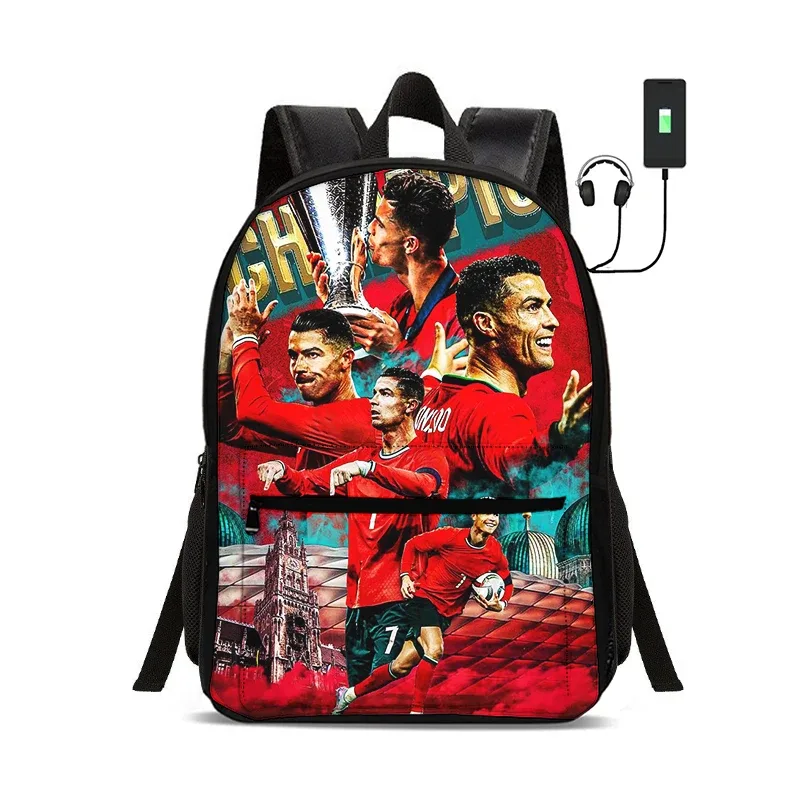 sac à dos de star du football avec interface usb, sac à dos ronaldo pour étudiants, sac à dos pour garçons et filles, meilleur cadeau