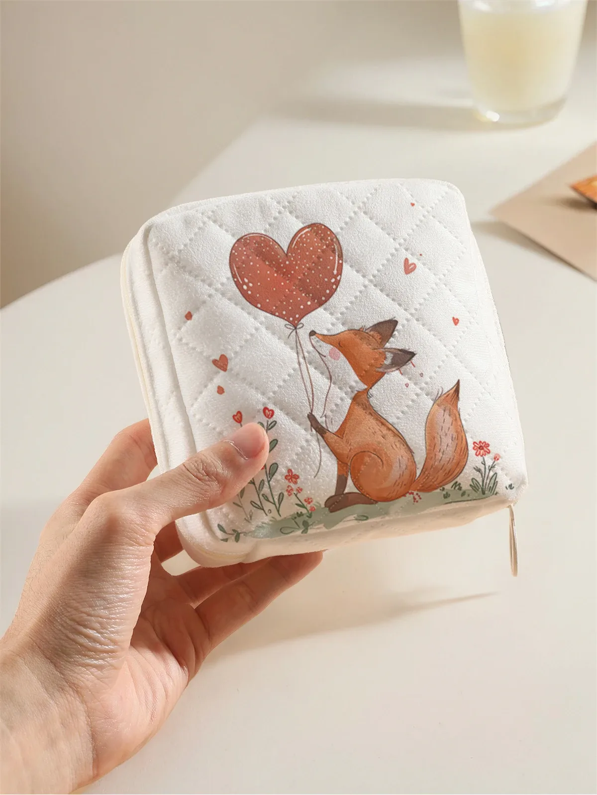 trousse polyester motif renard ballon coeur blanche orange vert voyage maquillage cosmétiques santé beauté