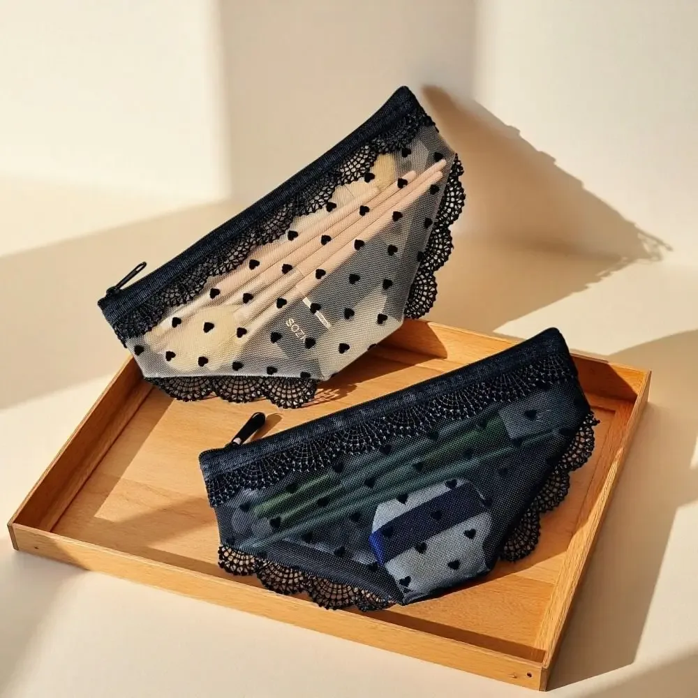 nouvelle trousse de toilette transparente en dentelle en forme de cœur, pochette de rangement pour maquillage en maille y2k, sac de rangement pour voyage