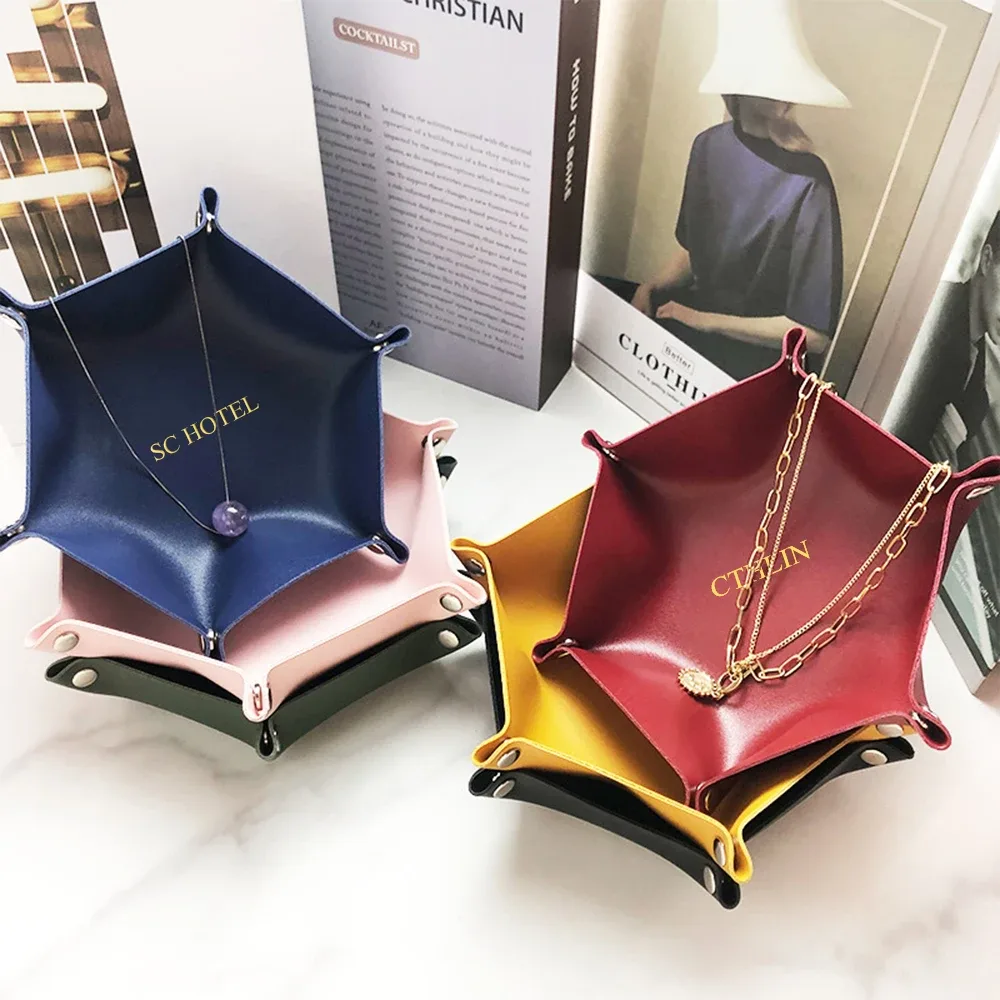 plateau de rangement en cuir pu pour hôtel, logo personnalisé, lettres, plateau à dés, clé hexagonale pour cosmétiques, boîte à bijoux, organisateur de bureau, décoration de la maison