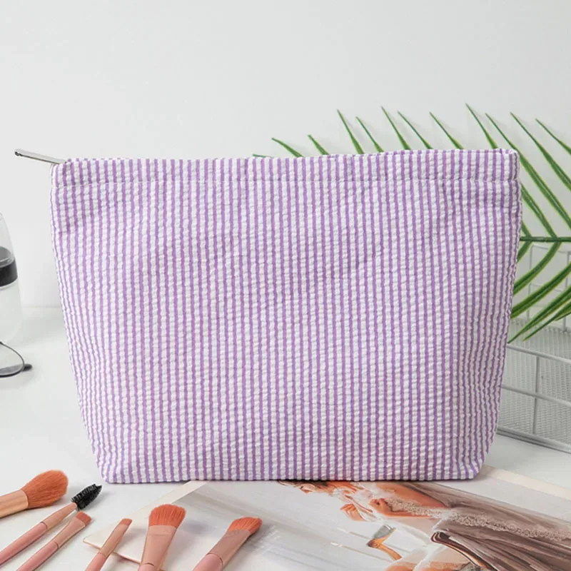 trousse de maquillage en gaze bulle pour femme, sac à main grande capacité, trousse de toilette brodé à rayures, pochette de voyage organisateur