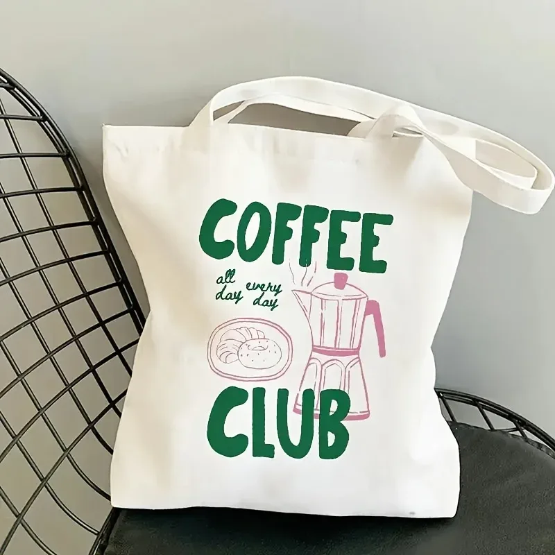 sac fourre-tout sur le thème du café, sac à bandoulière, avec lettrage vert et motif de tasse à café, adapté aux voyages, aux déplacements quotidiens et à une utilisation quotidienne décontractée.