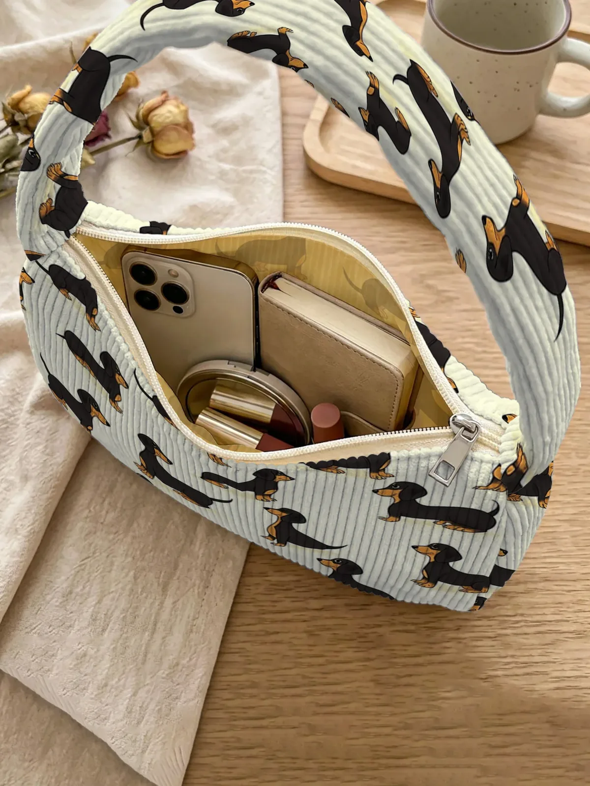 sac à bandoulière tendance à imprimé teckel, sac sous le bras en velours côtelé beige pour un usage quotidien décontracté