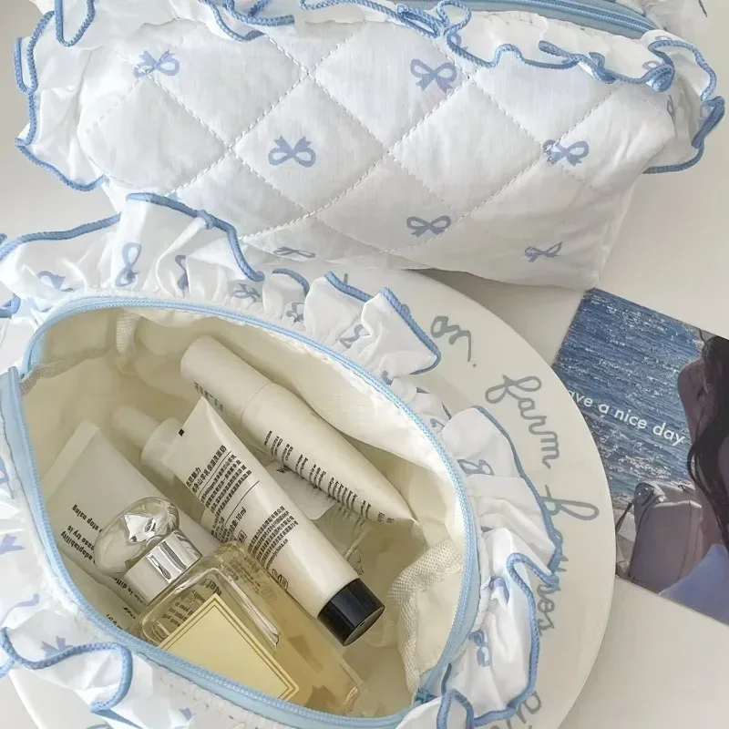 sac de maquillage avec nœud en dentelle pour femmes, sac à cosmétiques portable, sac de rangement de voyage mignon, pochette de toilette de grande capacité, sac à main féminin