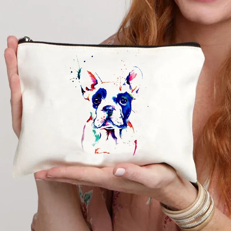 trousse de maquillage en toile pour femme, trousse de toilette, valise professionnelle, impression de dessin animé, bouledogue français, drôle