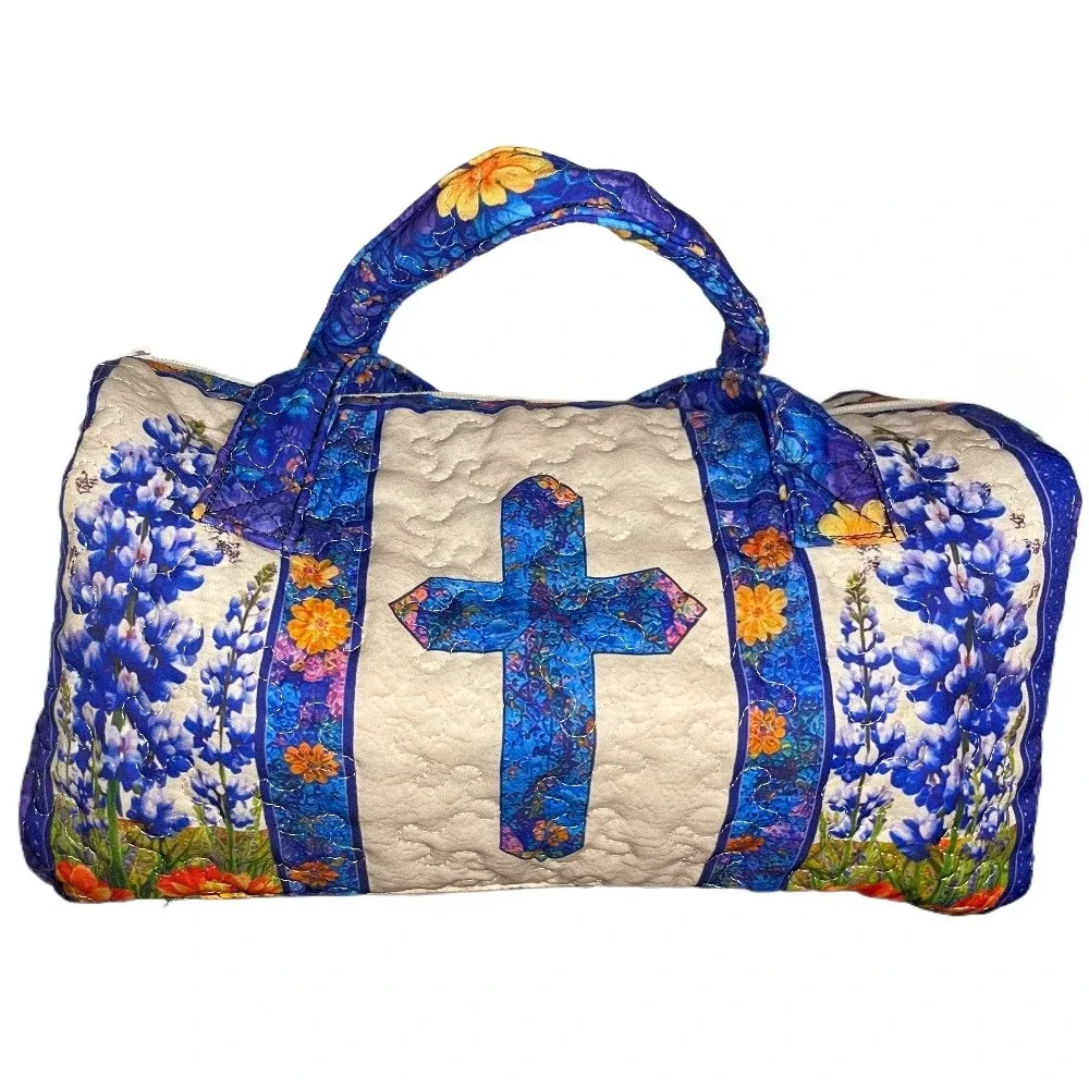 sac de voyage cylindrique en toile matelassée 3d avec motif floral bleu croisé, style cottagecore, pour voyage, gym, yoga, nuit, extérieur