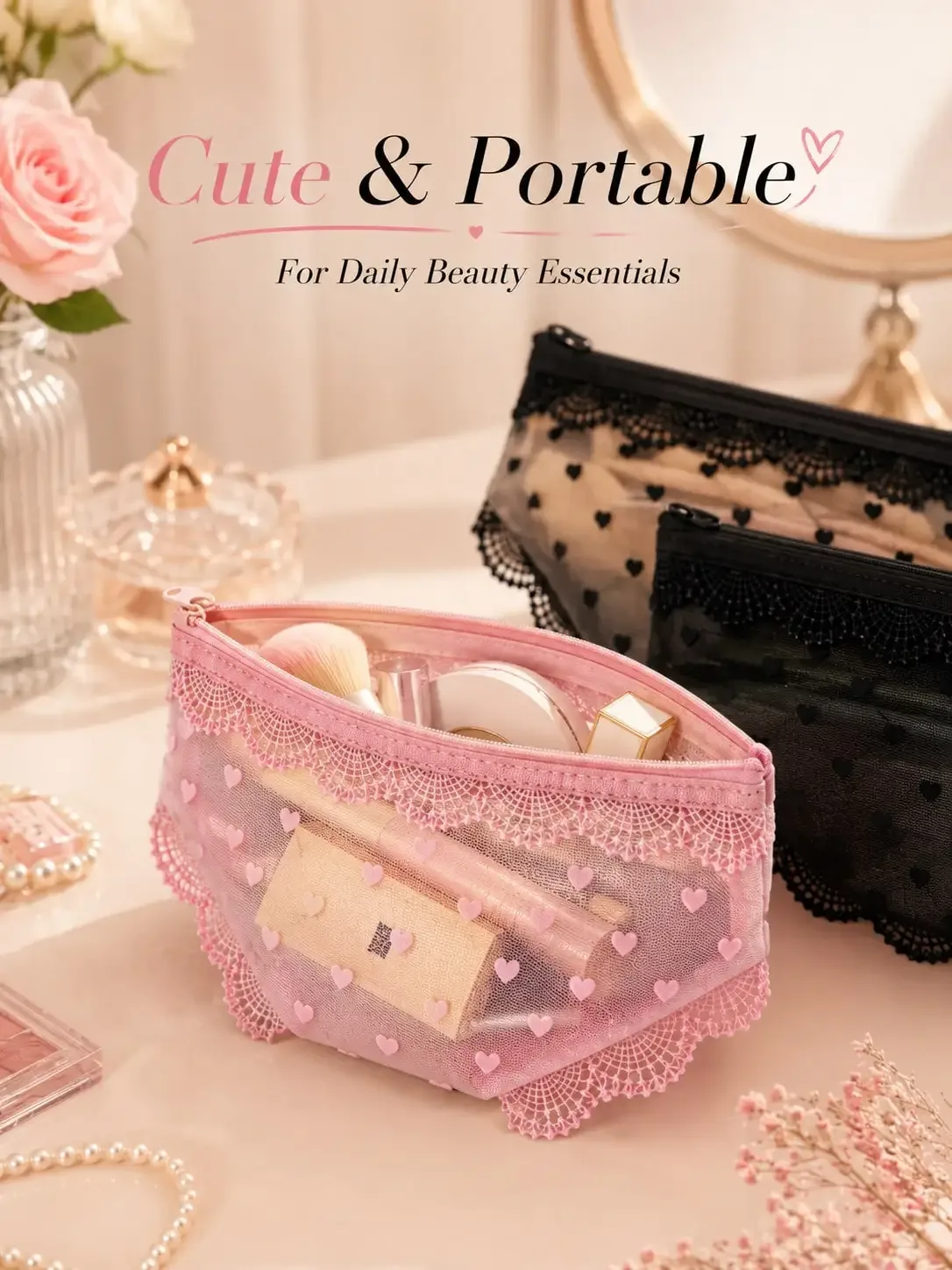 pochette de maquillage transparente et sexy en dentelle, pochette de maquillage portable pour voyage, adaptée pour l'eyeliner, les pinceaux de maquillage, le rouge à lèvres, les produits de soin de la peau, les écouteu