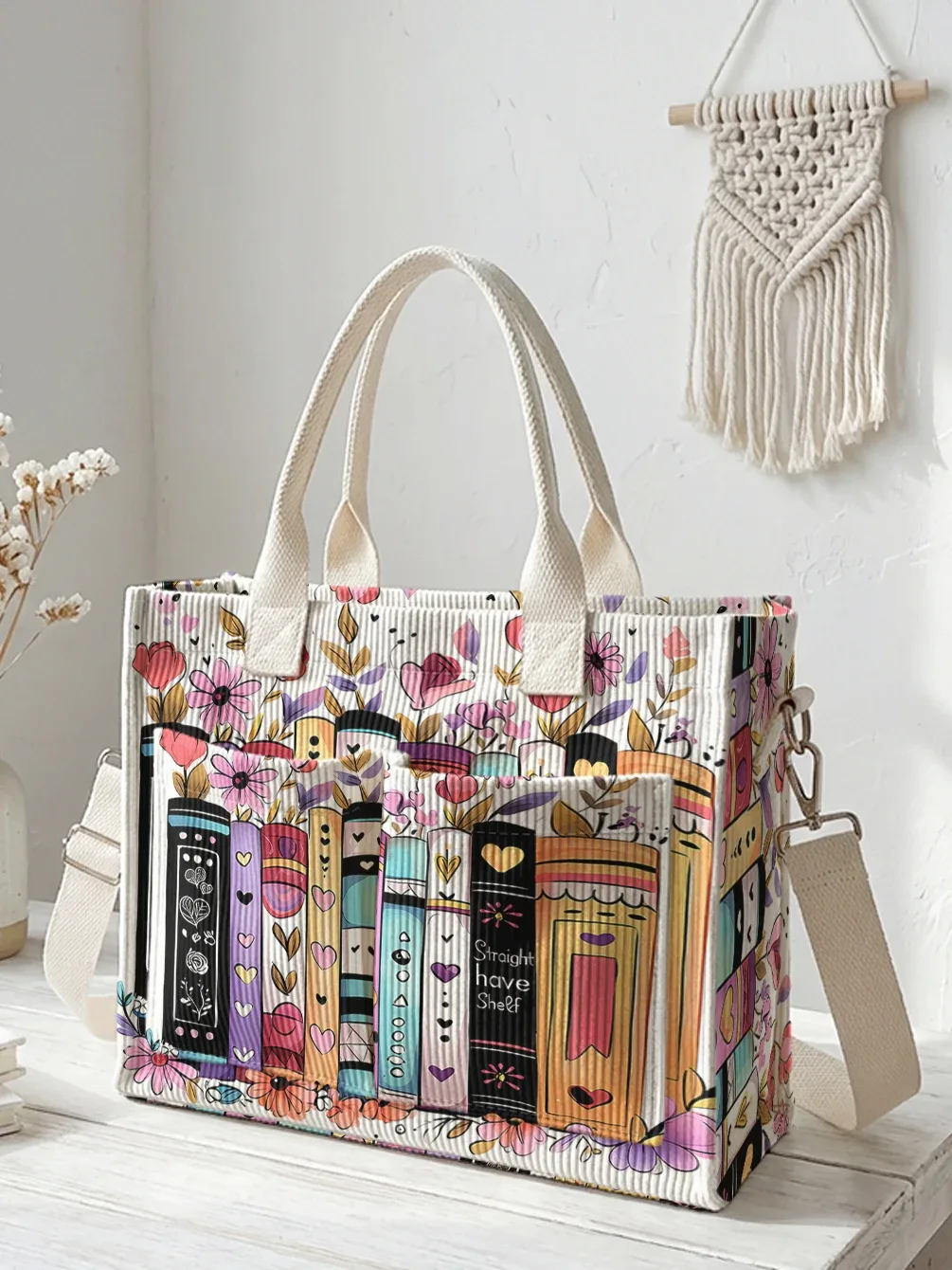 sac fourre-tout en velours côtelé imprimé livres et fleurs colorés, grande capacité, multi-poches, sac à bandoulière pour les trajets quotidiens