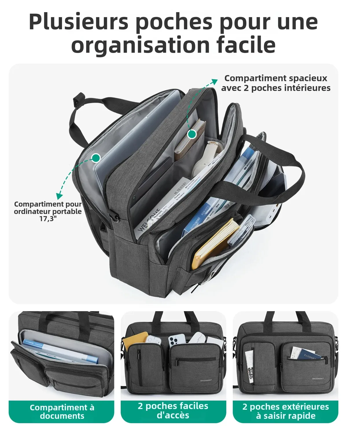 sac dos pvc gris anthracite texturé 36 55 litres organisateur 7 poches rembourré anti choc voyage business école shopping sport