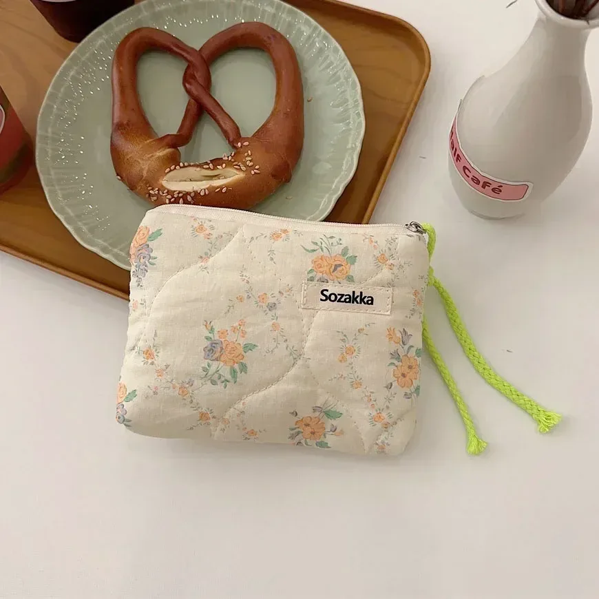 sac de maquillage en coton doux à motif floral, fermeture éclair, rangement pour rouge à lèvres, nœuds, sac cosmétique, trousse de toilette, pochette multifonctionnelle, porte-monnaie