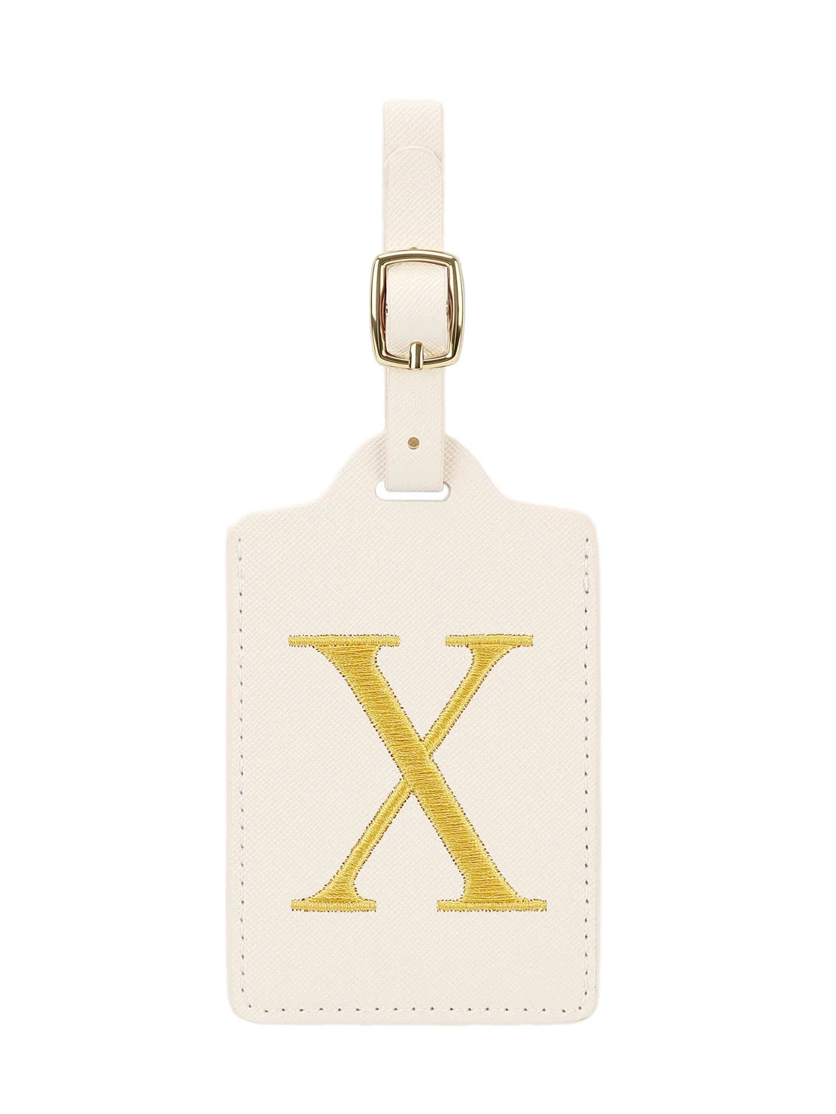 étiquette bagage polyester lettre dorée cuir blanc rectangulaire identification voyage unisexe alphabet fixation anneau métallique
