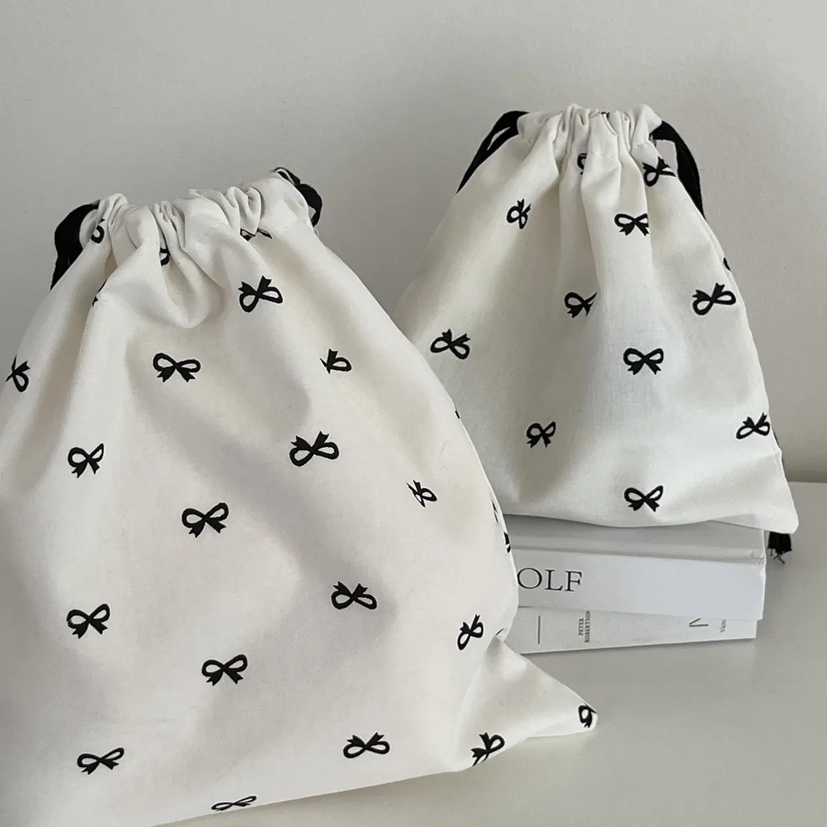 sac de rangement en toile avec nœud imprimé pour femme, sacs à main mignons pour filles d'université, sacs à cordon de proximité, étui de maquillage de voyage portable simple pour femme