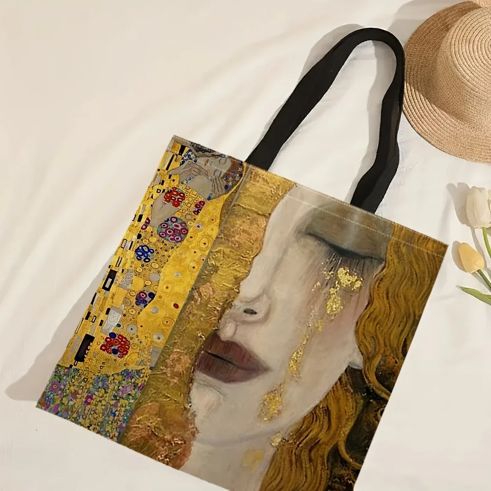 sac fourre-tout artistique baiser peinture à l'huile dorée abstraite grande capacité sac à bandoulière décontracté réutilisable sac à main de personnage de mode 1 pièce