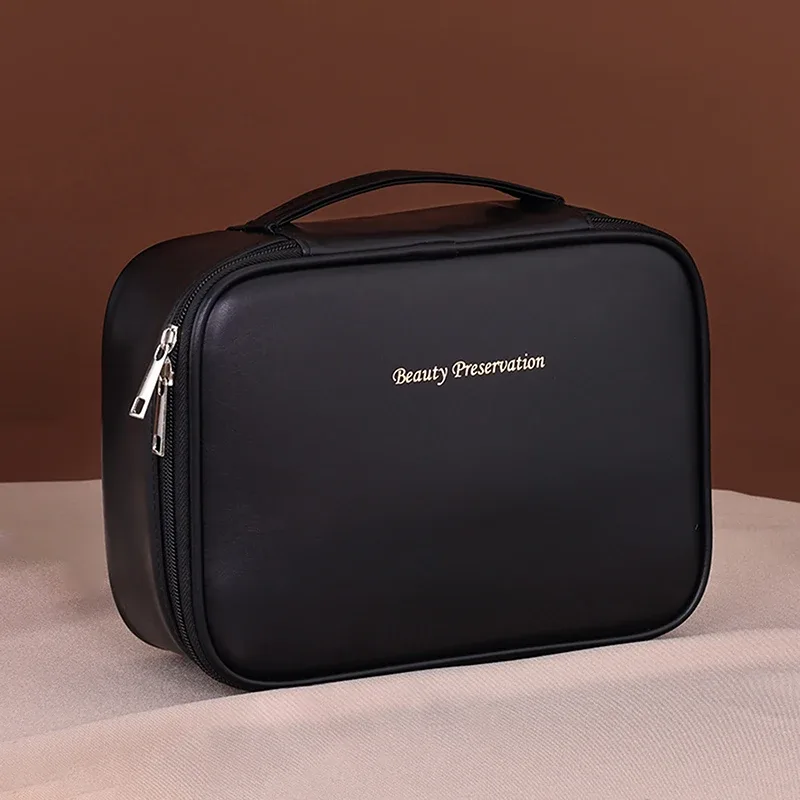 sac de maquillage de voyage double couche en cuir pu pour femmes, sac de rangement portable de grande capacité, sac de voyage étanche à fermeture éclair [q][q]q@